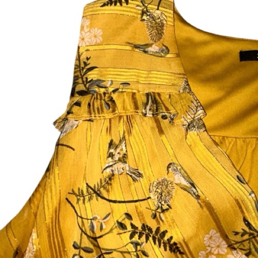 Plus Size Golden Yellow Floral Striped Bird V-Neck Midi Dress 1X EUC - Picture 3 of 7